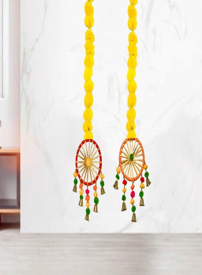 DRYPHON Artificial Marigold Flowers With Pom Pom Ring Bell Hanging Garlands for Home Decoration, Diwali, Wedding, Puja (Pack of 2) - Image 1